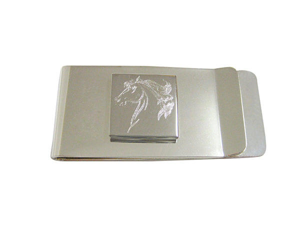 Silver Toned Etched Wild Horse Head Money Clip