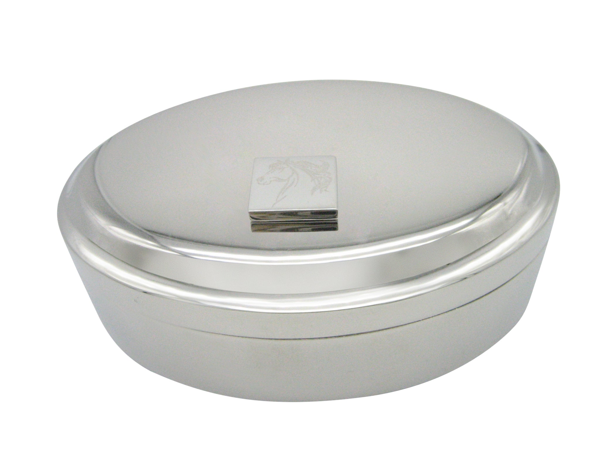 Silver Toned Etched Wild Horse Head Pendant Oval Trinket Jewelry Box