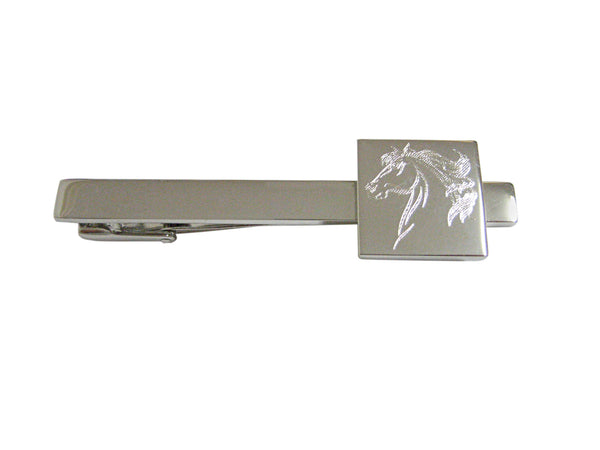 Silver Toned Etched Wild Horse Head Square Tie Clip