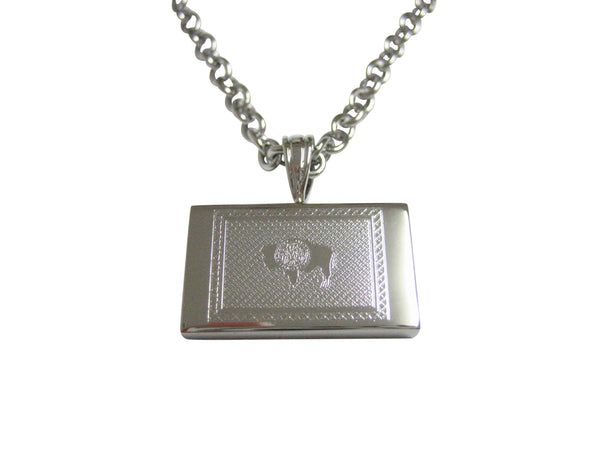 Silver Toned Etched Wyoming State Flag Pendant Necklace