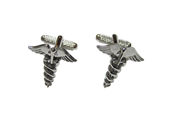 Silver Toned Detailed Medical Symbol Caduceus Cufflinks