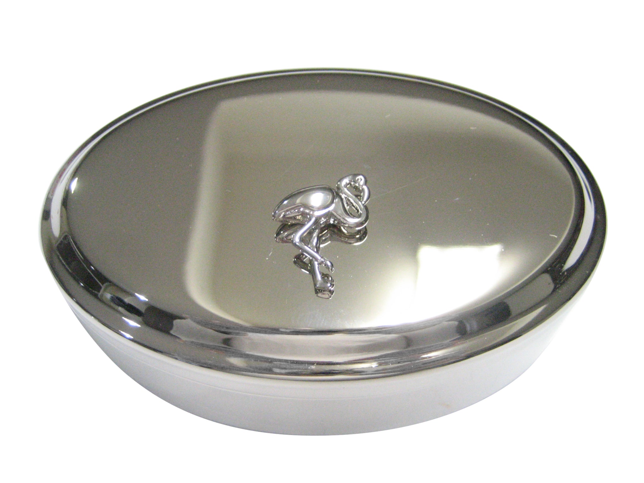 Silver Toned Flamingo Bird Oval Trinket Jewelry Box