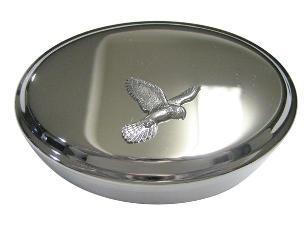Silver Toned Flying Kestrel Bird Oval Trinket Jewelry Box