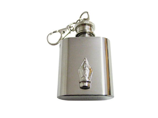 Silver Toned Fountain Pen Nib 1 Oz. Stainless Steel Key Chain Flask