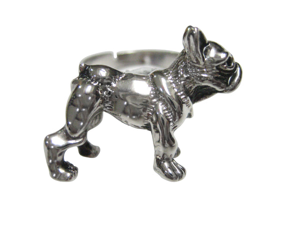 Silver Toned French Bulldog Adjustable Size Fashion Ring