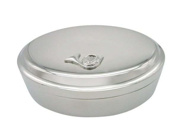 Silver Toned French Horn Musical Instrument Pendant Oval Trinket Jewelry Box