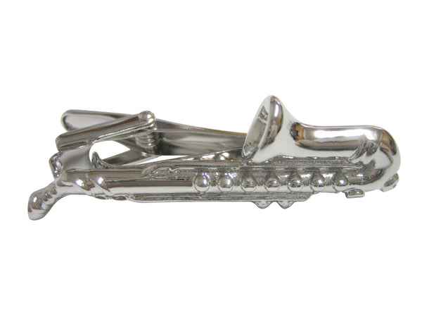 Silver Toned Full Length Textured Musical Saxophone Tie Clip