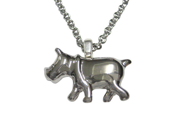 Silver Toned Glossy Rhino Pendant Necklace