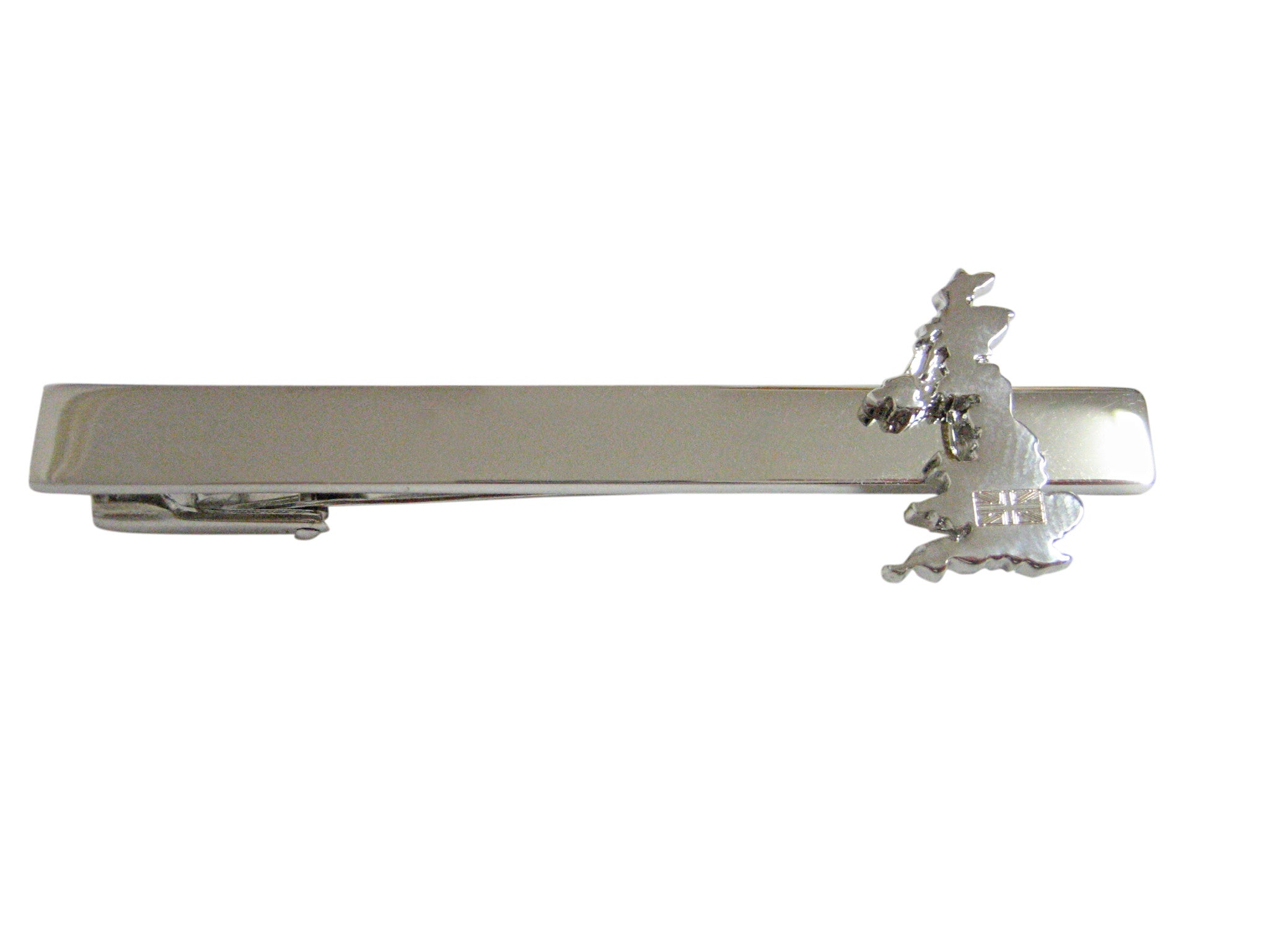 Silver Toned Great Britain Map Shape and Flag Design Square Tie Clip