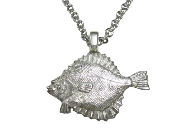 Silver Toned Halibut Flat Fish Pendant Necklace
