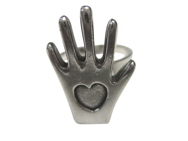 Silver Toned Hand with Heart Adjustable Size Fashion Ring