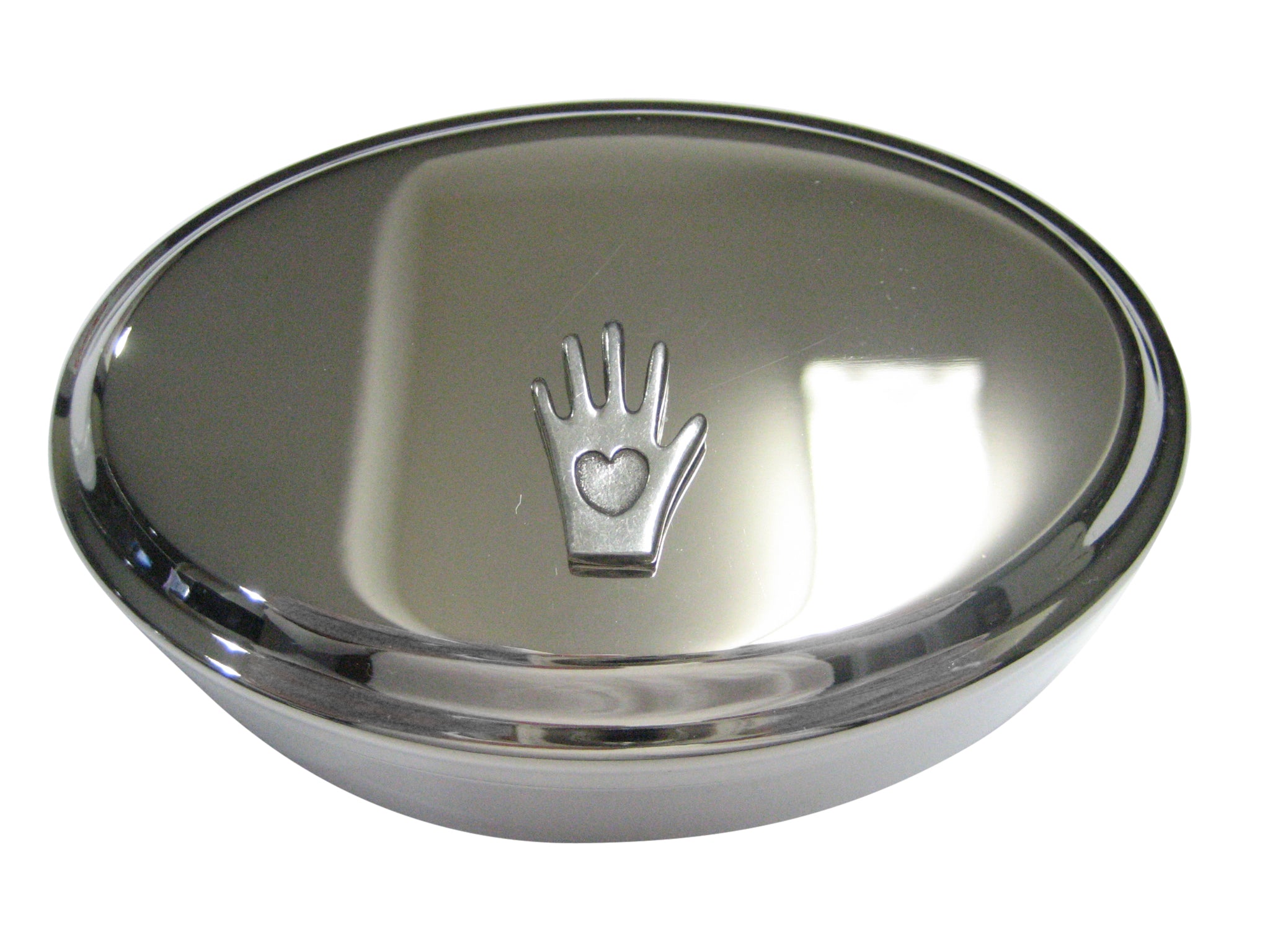 Silver Toned Hand with Heart Oval Trinket Jewelry Box