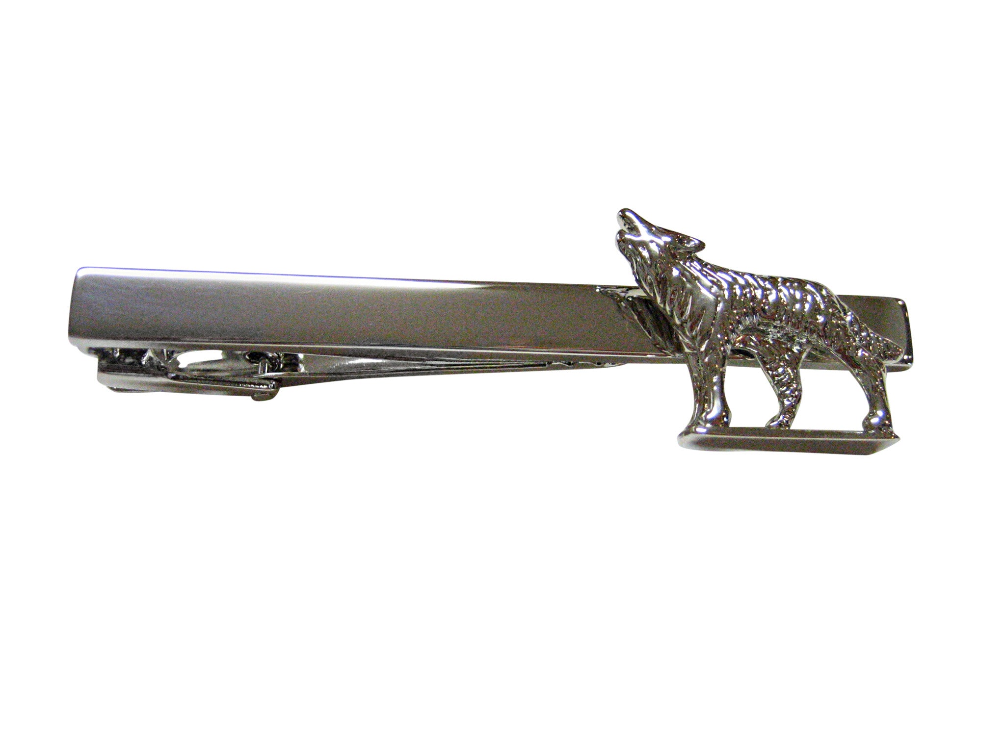 Silver Toned Howling Wolf Square Tie Clip