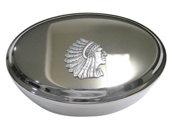 Silver Toned Indian Chief Head Oval Trinket Jewelry Box