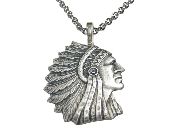 Silver Toned Indian Chief Head Pendant Necklace