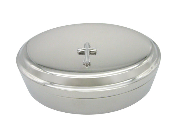 Silver Toned Intricately Detailed Cross Pendant Oval Trinket Jewelry Box