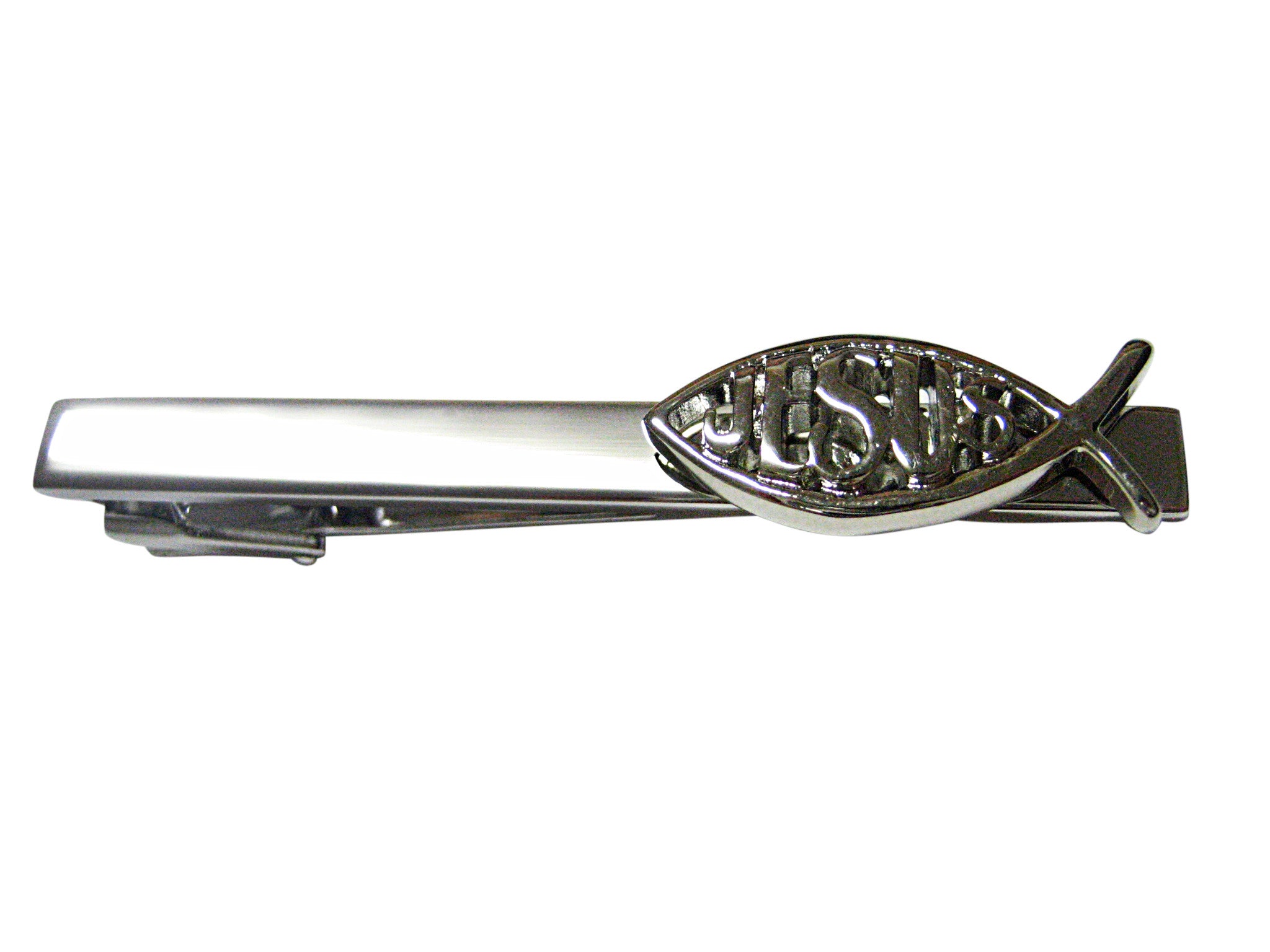 Silver Toned Religious Ichthys Jesus Fish Square Tie Clip