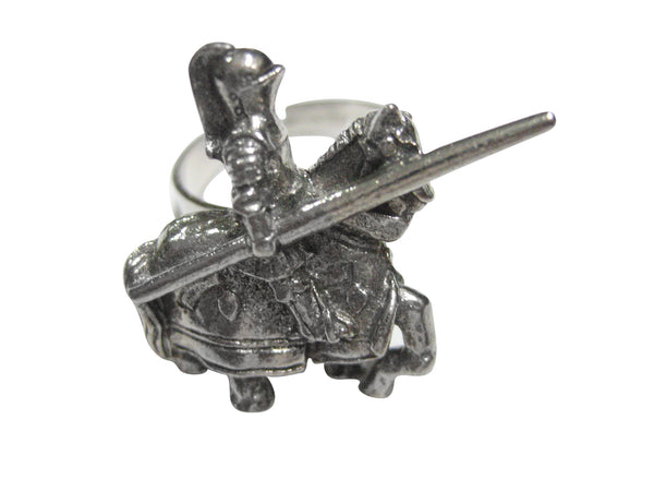 Silver Toned Jousting Knight Adjustable Size Fashion Ring