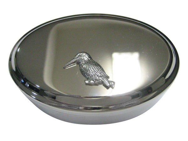 Silver Toned Kingfisher Bird on Branch Oval Trinket Jewelry Box