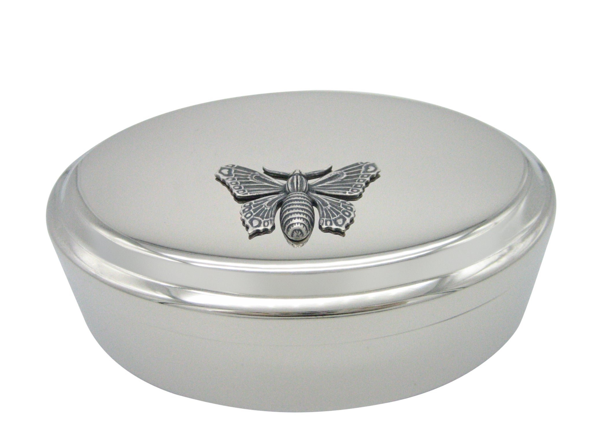 Silver Toned Large Butterfly Bug Insect Pendant Oval Trinket Jewelry Box