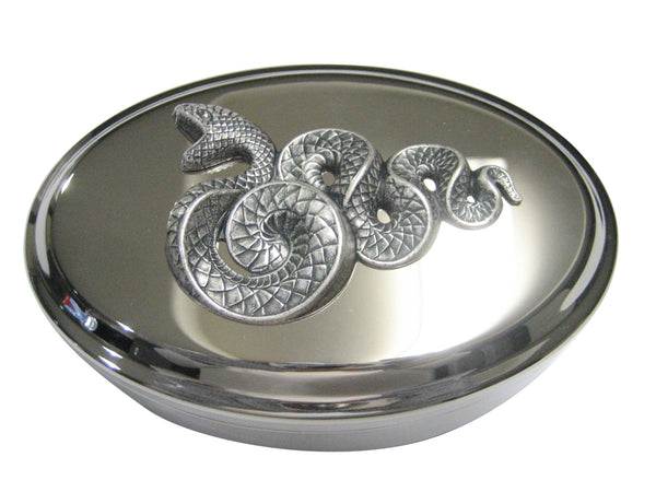 Silver Toned Large Coiled Snake Oval Trinket Jewelry Box
