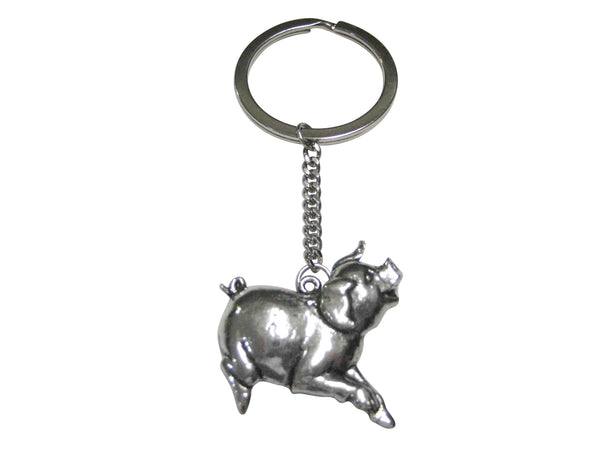 Silver Toned Large Dancing Pig Pendant Keychain