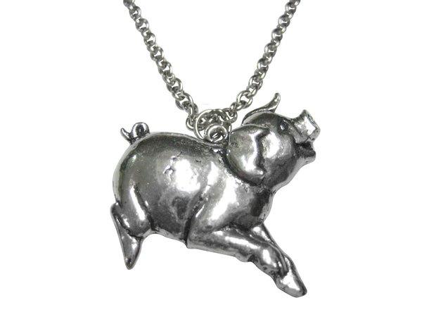 Silver Toned Large Dancing Pig Pendant Necklace