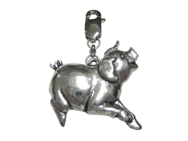 Silver Toned Large Dancing Pig Pendant Zipper Pull Charm