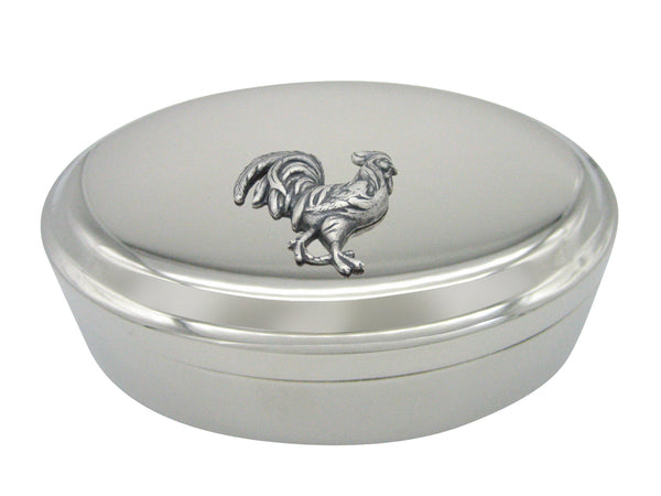 Silver Toned Large Rooster Chicken Pendant Oval Trinket Jewelry Box