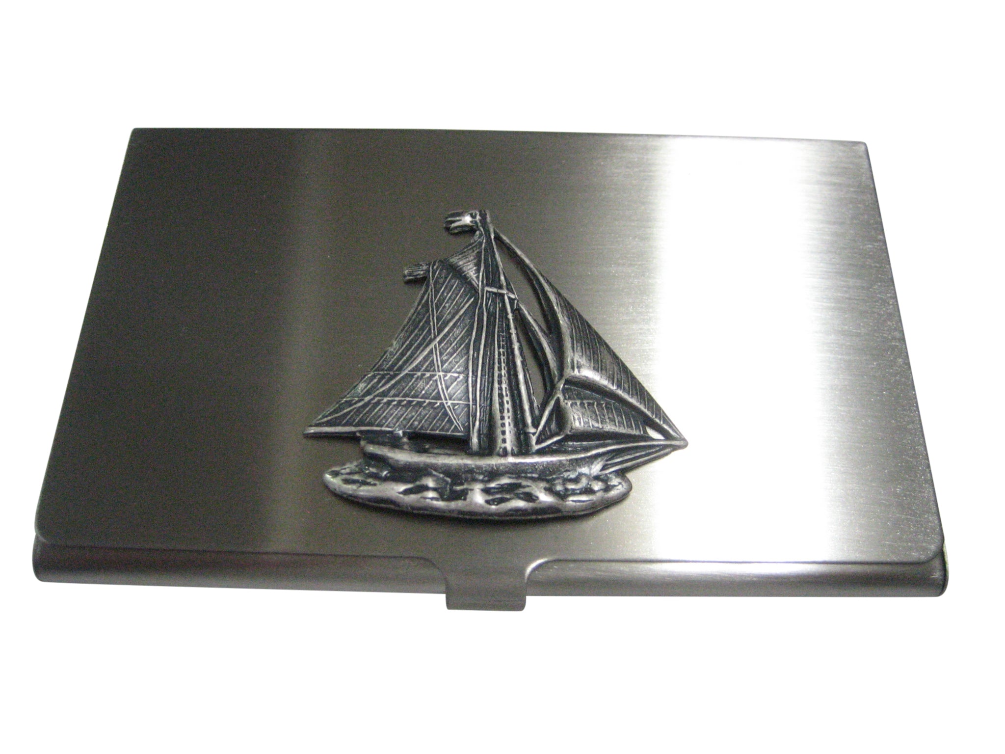Silver Toned Large Textured Nautical Sail Boat Business Card Holder