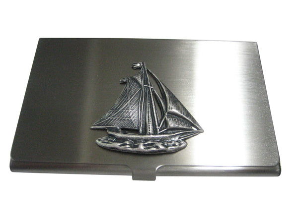 Silver Toned Large Textured Nautical Sail Boat Business Card Holder