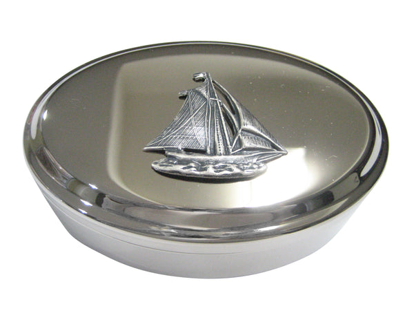 Silver Toned Large Textured Nautical Sail Boat Oval Trinket Jewelry Box