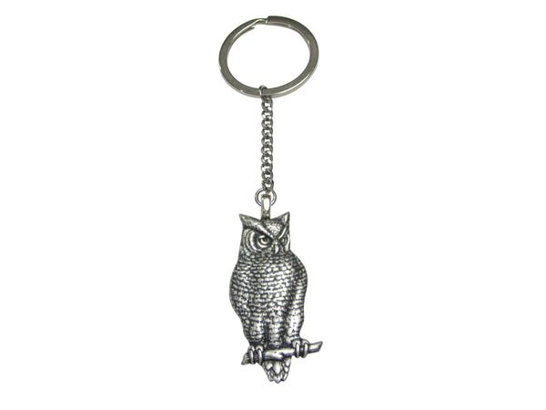 Silver Toned Large Textured Owl Pendant Keychain