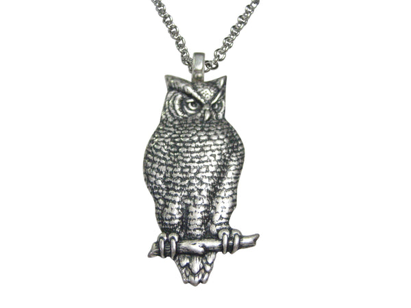 Silver Toned Large Textured Owl Pendant Necklace