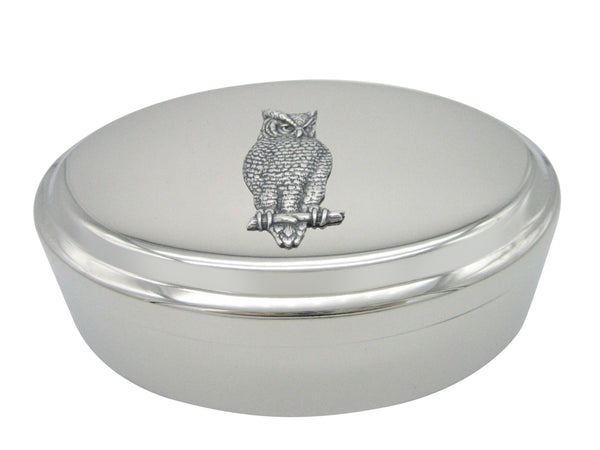 Silver Toned Large Textured Owl Pendant Oval Trinket Jewelry Box