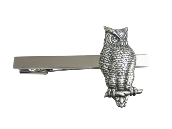 Silver Toned Large Textured Owl Pendant Square Tie Clip