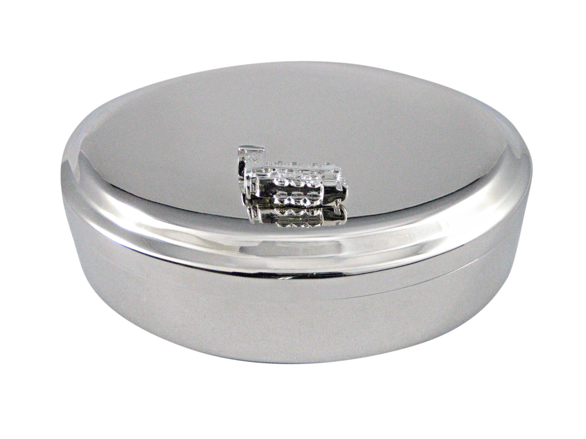 Silver Toned Locomotive Train Pendant Oval Trinket Jewelry Box