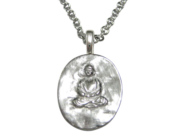 Silver Toned Oval Buddha Buddhism Pendant Necklace
