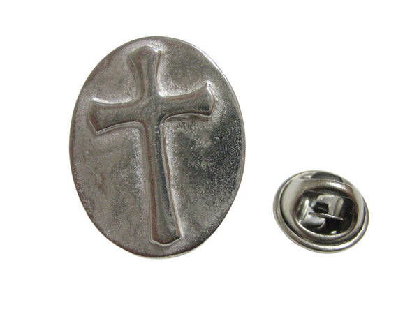 Silver Toned Oval Religious Cross Lapel Pin