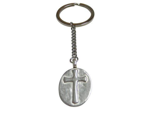 Silver Toned Oval Religious Cross Pendant Keychain