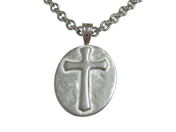 Silver Toned Oval Religious Cross Pendant Necklace