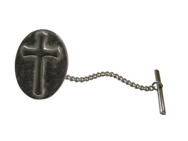 Silver Toned Oval Religious Cross Tie Tack