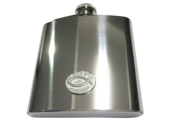 Silver Toned Oval Religious Ichthys Fish 6oz Flask
