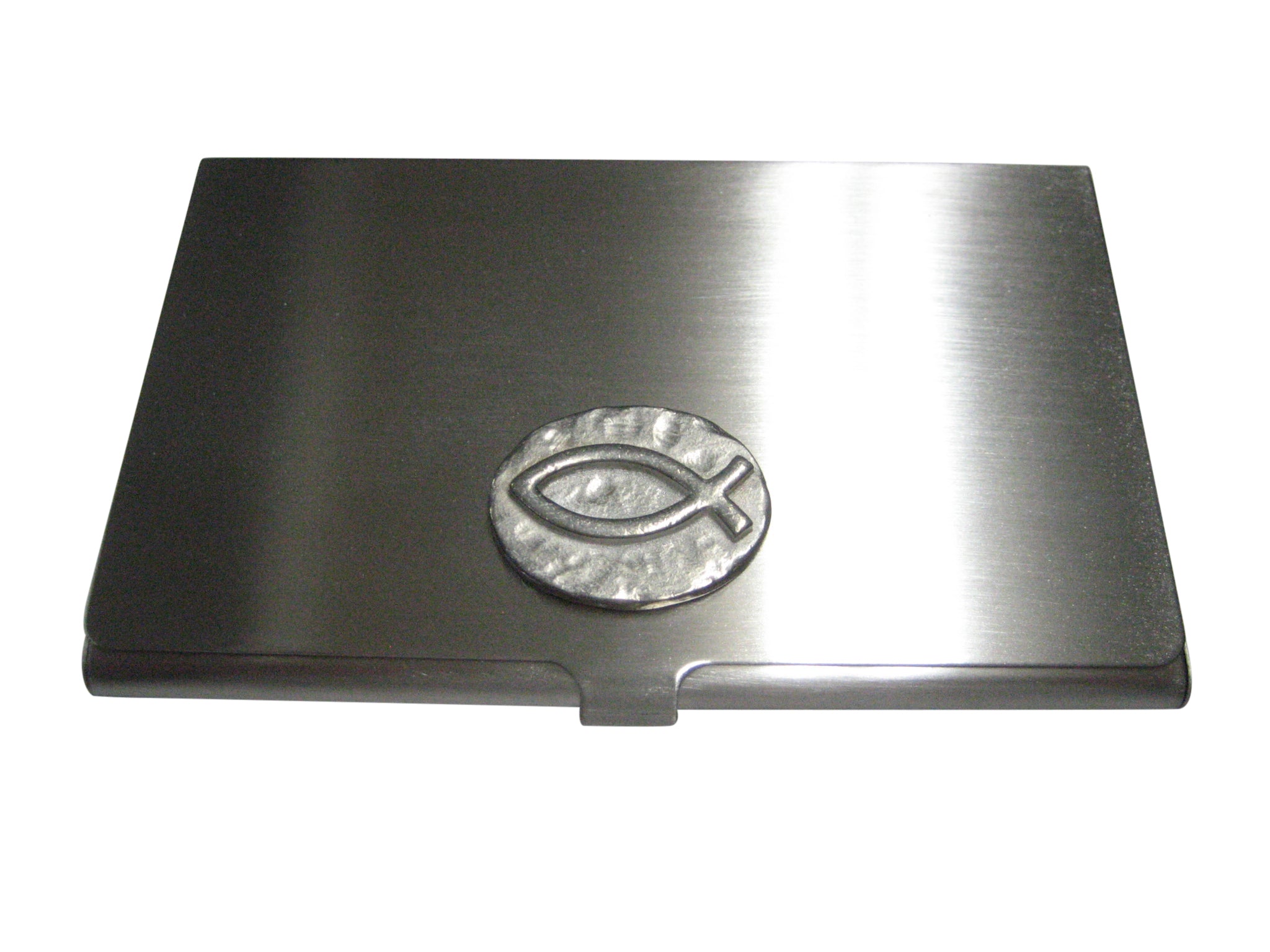 Silver Toned Oval Religious Ichthys Fish Business Card Holder