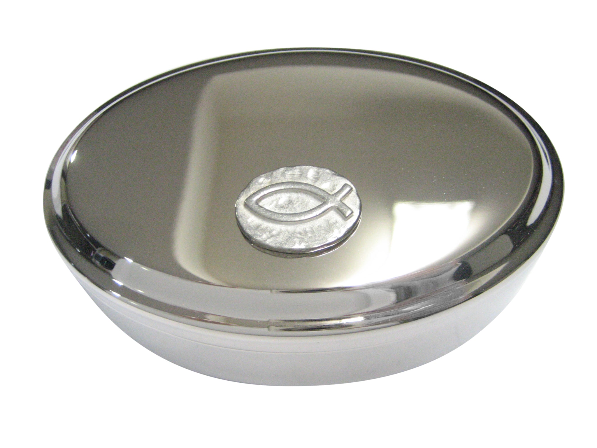 Silver Toned Oval Religious Ichthys Fish Oval Trinket Jewelry Box