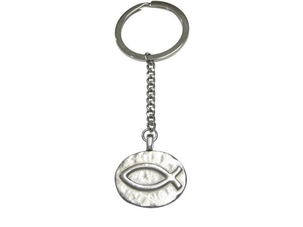Silver Toned Oval Religious Ichthys Fish Pendant Keychain