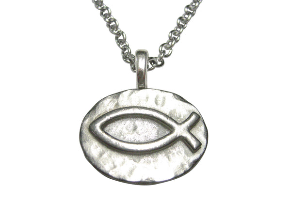 Silver Toned Oval Religious Ichthys Fish Pendant Necklace