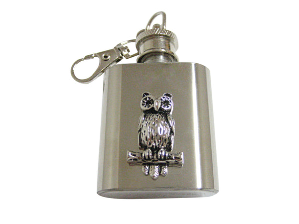 Silver Toned Owl Bird on Branch 1 Oz. Stainless Steel Key Chain Flask