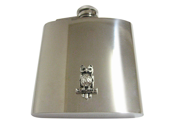 Silver Toned Owl Bird on Branch 6 Oz. Stainless Steel Flask