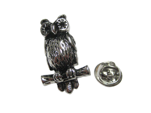 Silver Toned Owl Bird on Branch Lapel Pin